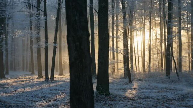 Frost-covered forest at dawn with sunlight filtering through trees  