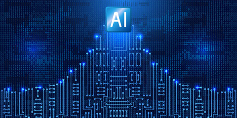 Electronics circuit with binary code. Futuristic digital design, world of artificial intelligence and digital technology for banners, tech backgrounds and innovative branding.