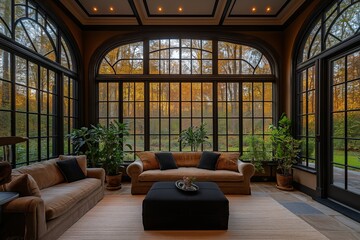 Fototapeta premium Orangery installation with large arched windows offers view of trees outside. Concept of inviting space, orangery installation emphasizing renovation and natural light.
