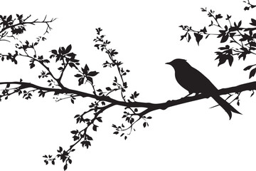 graphic image of a starling sitting on a beautiful branch, black on a white background
