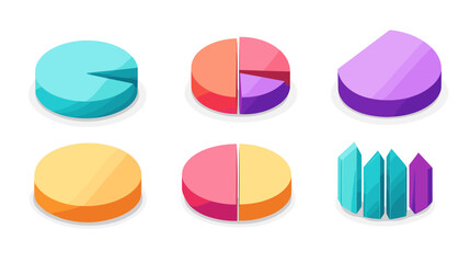 Isometric Diagram Illustrations of Financial Data Charts and Business Statistics in Pastel Colors on a White Background