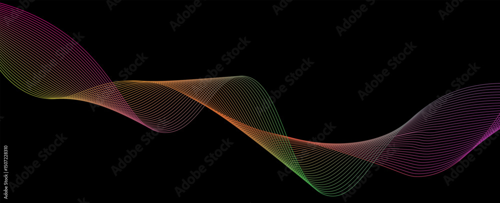 Poster this image features a colorful wave pattern with flowing lines on a dark background. it captures a m