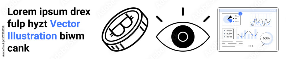 Poster centralized eye with a bitcoin-inspired coin and a data dashboard with charts and metrics. ideal for