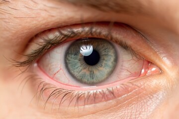 Close view reveals an irritated eye displaying redness and striking light blue coloration of the iris