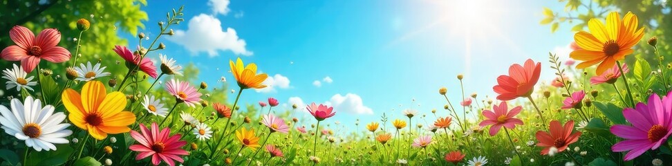 Fototapeta premium Vibrant summer scene bursting with colorful flowers, lush greenery, and a bright sunny sky Perfect for summer holiday, travel, and nature themes , sky, outdoor