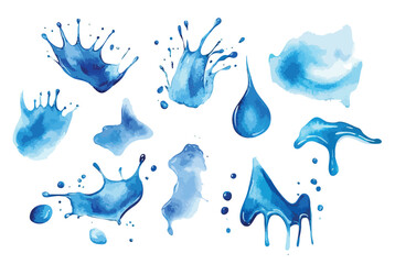 Collection blue water drops and splashes, isolated watercolor illustration