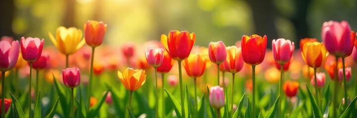 Obraz premium Vibrant tulips in a rainbow of colors blooming in a lush spring meadow, bathed in warm sunlight Perfect for spring themes, Easter, and nature imagery , flora, pink, outdoor