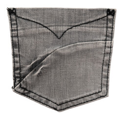Piece of black torn denim on a white background. Denim texture. Pocket