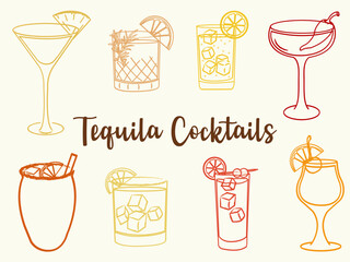 Hand drawn tequila cocktail illustrations. Vector line art of summer refreshing alcoholic beverages. Doodle style cocktail glasses for bar, menu, and party design.