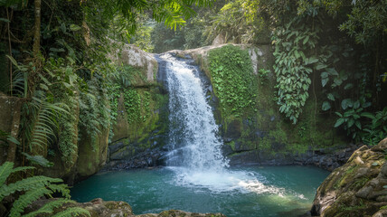 Naklejka premium Lush waterfall cascading into a turquoise pool surrounded by verdant green jungle foliage