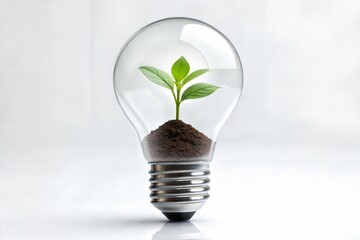 Seedling growing inside lightbulb with dirt and metallic base symbolizes new ecological concepts