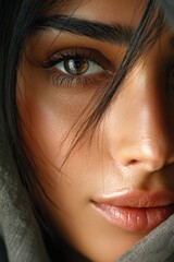 Extreme close-up of an Indian woman's face highlighting her eye and facial features