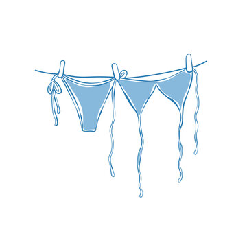 Hand drawn blue  bikini hang on clothesline vector