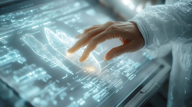 Scientist interacting with holographic brain interface unlocking future insights focused bright glow