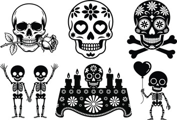 Day of the Dead Silhouettes, Traditional Mexican Festival Clipart SVG Bundle. Día de los Muertos SVG, Sugar Skulls, Catrinas Skeletons, Mexican Day of the Dead, Mexican Holiday, La Catrina & Calavera.