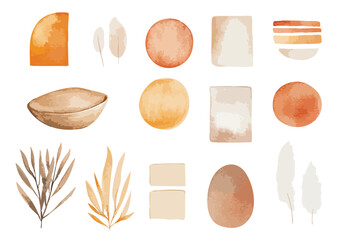 Collection of minimalistic abstract shapes and plants of beige colors, isolated watercolor illustration