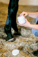 Horse Leg Gel Mockup, and Hoof Treatment in Stable Background