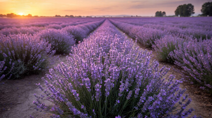 Obraz premium Majestic lavender field at sunset with rows of purple flowers and beautiful sky