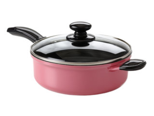 Pink Saucepan: A pristine, eye-level shot of a pink saucepan with a sleek black handle and lid