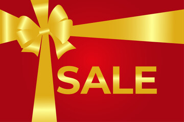 Red background with a gold ribbon tied in a bow and a large gold "SALE" inscription. Symbolizes a sale or promotion.