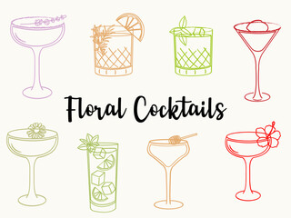 Hand drawn floral cocktail illustrations. Vector line art of summer refreshing alcoholic beverages. Doodle style cocktail glasses for bar, menu, and party design.
