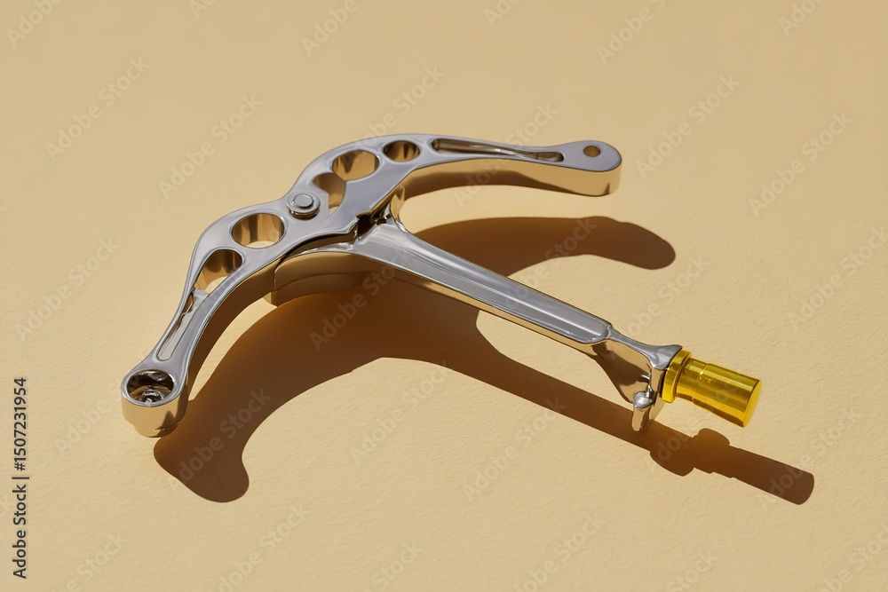 Poster unique chrome-colored tool resting on a yellow background showcasing design and craftsmanship in a m