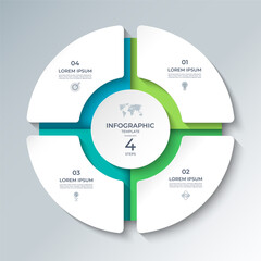 Vector infographic template featuring a modern, 3D-style circular layout divided into 4 steps. Ideal for presenting business processes, timelines, workflows, marketing steps, or educational content.