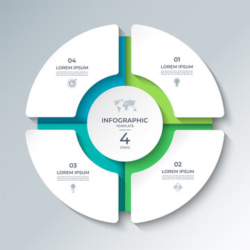 Vector infographic template featuring a modern, 3D-style circular layout divided into 4 steps. Ideal for presenting business processes, timelines, workflows, marketing steps, or educational content.