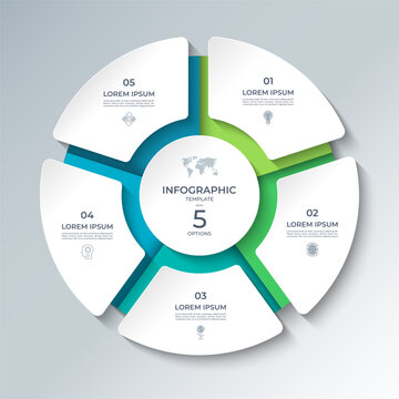 Vector infographic template featuring a modern, 3D-style circular layout divided into 5 steps. Ideal for presenting business processes, timelines, workflows, marketing steps, or educational content.
