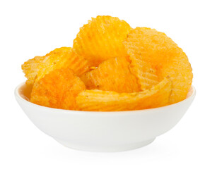 Tasty ridged chips in bowl isolated on white