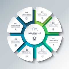 Plakat Vector infographic template featuring a modern, 3D-style circular layout divided into 8 steps. Ideal for presenting business processes, timelines, workflows, marketing steps, or educational content.