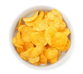 Tasty potato chips in bowl isolated on white, top view