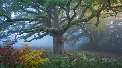 Obraz premium Majestic oak tree in a misty forest illuminated by sunlight and colored foliage