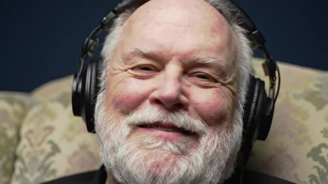 Close up of a smiling older man with a white beard wearing black headphones indoors on a patterned chair