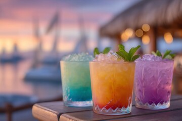 Colorful cocktails sitting on a wooden table at sunset on a tropical beach