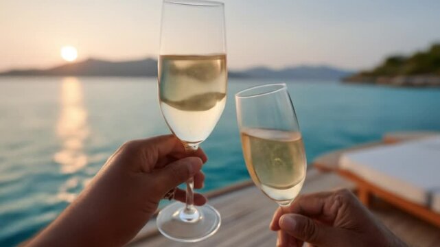 Two champagne flutes held against a seascape with a sunset and island in the distance view ocean