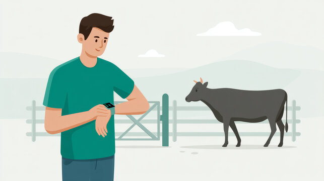 Farmer checking smartwatch near farm gate with cow in background