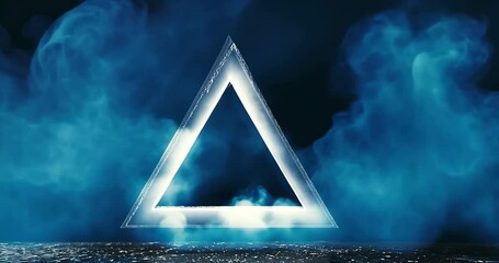 A glowing triangle emerges from a dark, smoky background, creating a mysterious and futuristic atmosphere. - Powered by Adobe