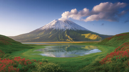 Naklejka premium Majestic snow capped volcano landscape with lake and vibrant green and red flora under blue skies