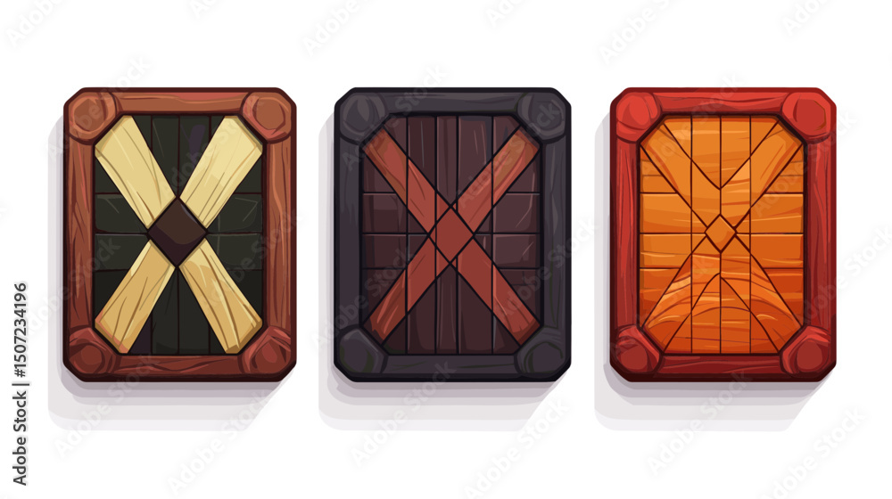 Fototapete collection of rectangular pixel art shields with wooden texture and dark cross decoration on white b