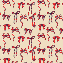 Elegant whimsical hand-drawn pink blue orange green color bows seamless patterns and wavy squiggle curly ribbons in trendy, vintage styles. Perfect for quirky holiday, wedding, birthday decorations.