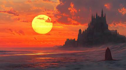 Epic sunset over a deserted beach with a large castle.