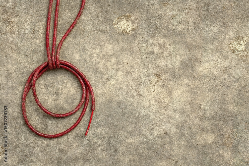 Poster red string loop placed on a textured gray background displaying simplicity and elegance in design