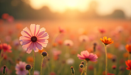 Obraz premium Colorful flowers blooming in a meadow during sunset 