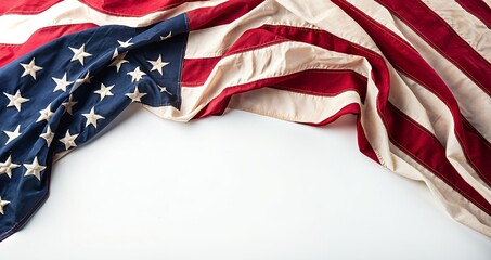 Dramatic Draped American Flag on White Background Patriotism Independence Day Memorial Day