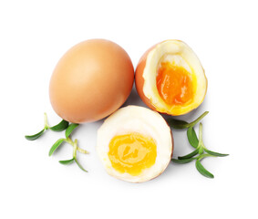 Soft boiled eggs with microgreens on white background, top view