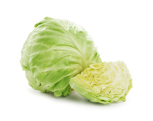 Whole and cut cabbages isolated on white