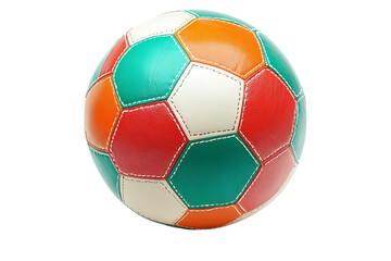 Fototapeta premium Colorful soccer ball with orange, green, red, and white panels isolated on black