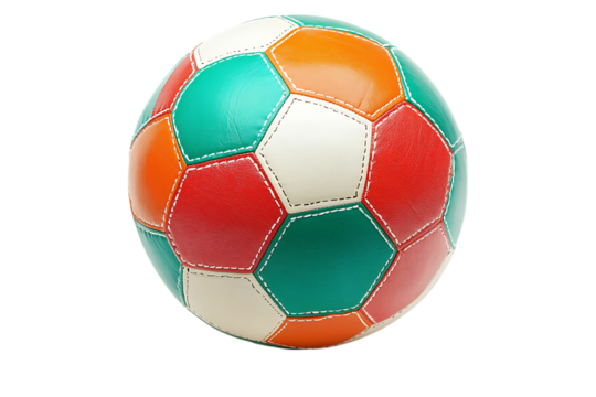 Colorful soccer ball with orange, green, red, and white panels isolated on black