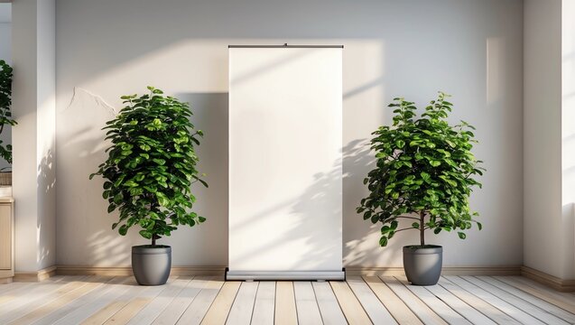 Blank roll up bunner in the interior. 3D rendering